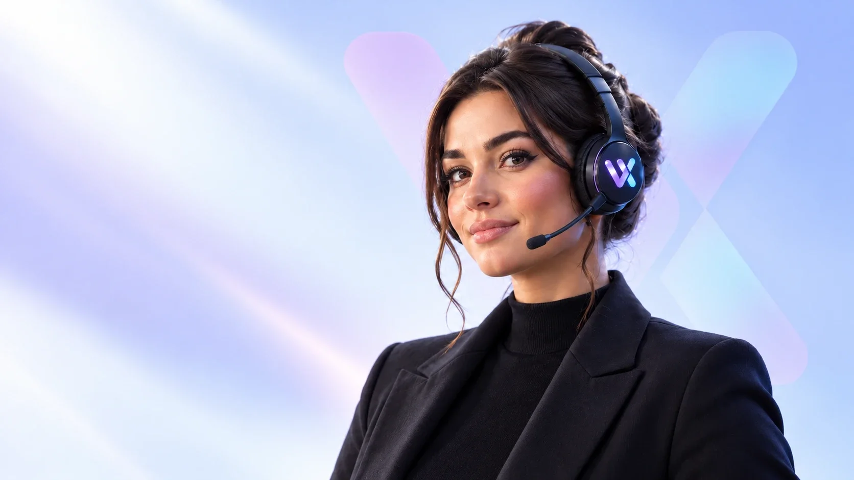 Žena sa slušalicama sa Voice Vexen znakom, nasmejana, u tamnom sakou